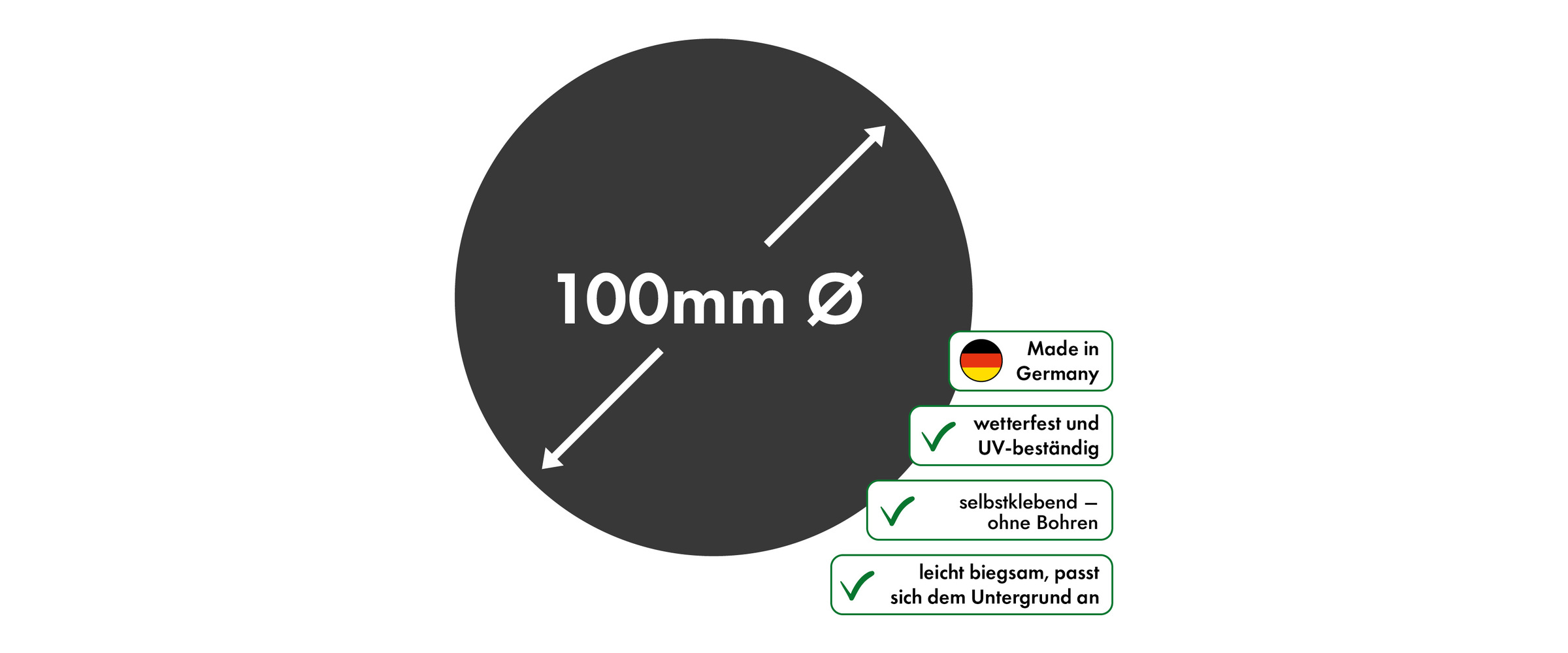 Maßzeichnung eines runden Schilds mit 100 mm Durchmesser, daneben Hinweise Made in Germany, wetterfest und UV-beständig, selbstklebend ohne Bohren, leicht biegsam